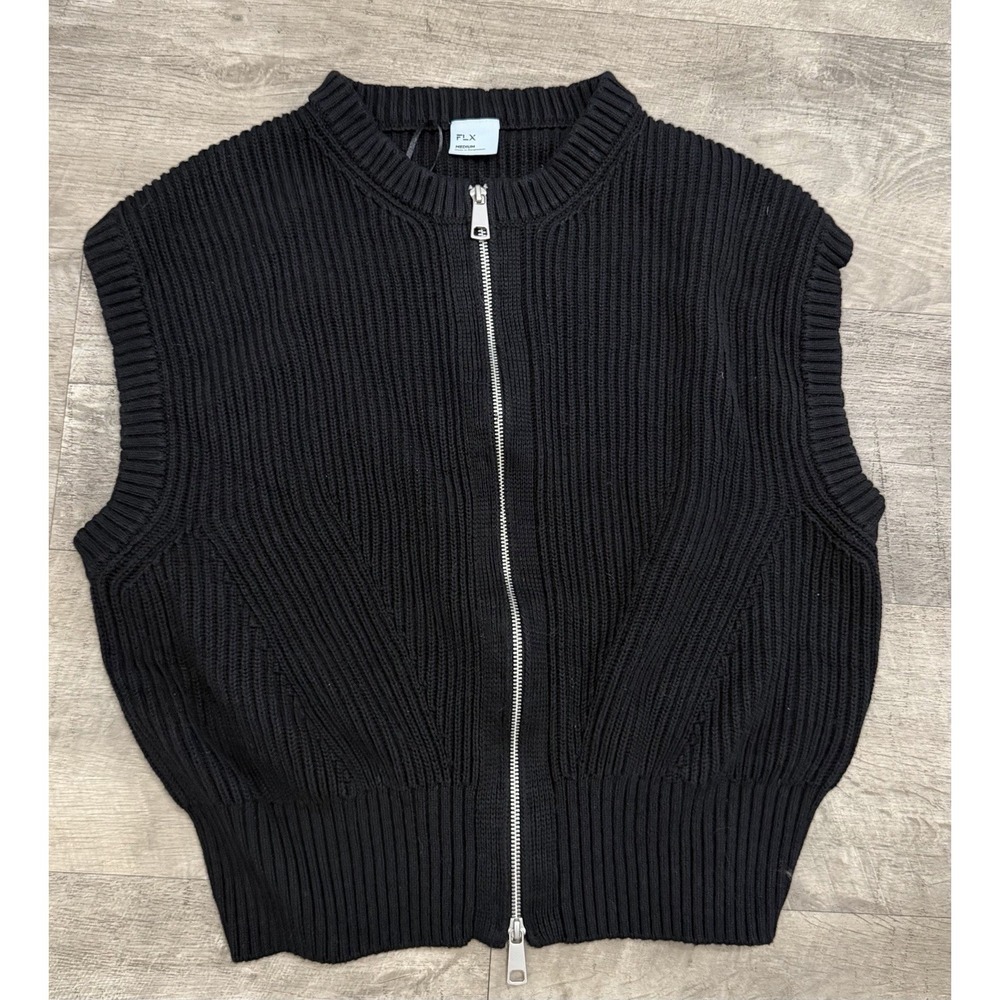 FLX Women's Black Sweater Zip Up Ribbed Vest Medium